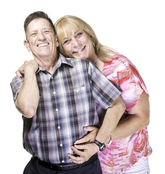 Smiling transgender man and woman isolated on white background posing close together