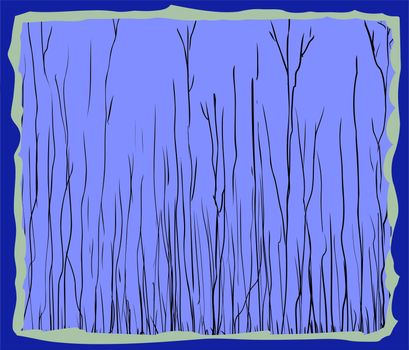 Blue framed illustration of lanky tall bare tree branches in winter theme