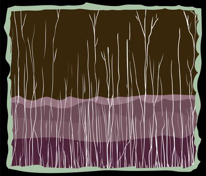 Abstract birch trees in foreground of purple mountain scene with jagged green and black frame