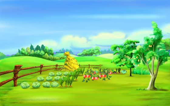 Digital Painting, Illustration of a Haystack in a garden under blue sky in a summer day. Cartoon Style Character, Fairy Tale Story Background.