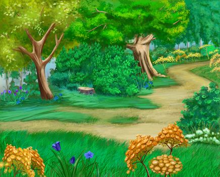 Digital Painting, Illustration of Rural landscape with bushes and grass around a path. Cartoon Style Artwork Scene, Story Background.