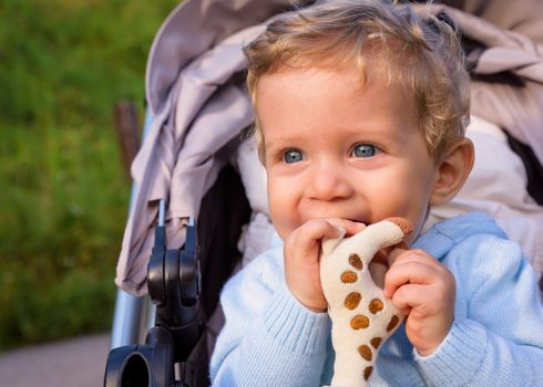 Baby boy sitting in the stroller happy playing with a toy.