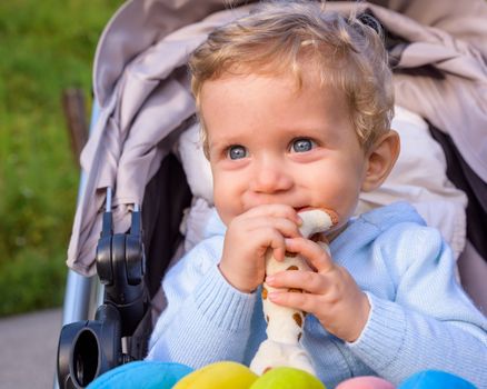 Baby boy sitting in the stroller happy playing with a toy.