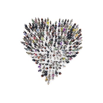 Aerial view of men and women that are grouping in heart shape. 3D Rendering