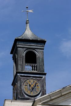 FULTON, MISSOURI – July 1, 2015: Tower of Church of St. Mary that houses America’s National Churchill Museum, on the campus of Westminster College, in Fulton, Missouri.  Church of St. Mary the Virgin Aldermanbury is a rebuilt Christopher Wren designed church moved, stone by stone from London 