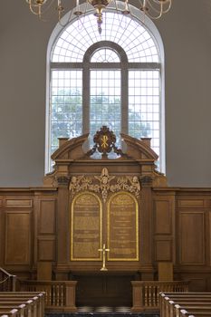 FULTON, MISSOURI – July 1, 2015: Altar of Church of St. Mary that houses America’s National Churchill Museum, on the campus of Westminster College, in Fulton, Missouri.  Church of St. Mary the Virgin Aldermanbury is a rebuilt Christopher Wren designed church moved, stone by stone from London.  