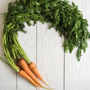 Freshly grown carrots on wooden table