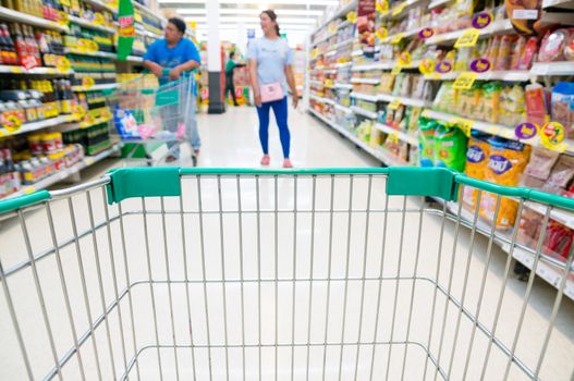 Abstract blurred photo of store with trolley in Supermarket store bokeh background