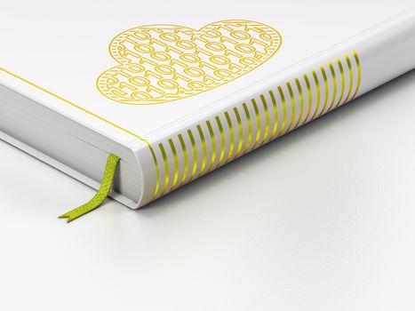 Cloud networking concept: closed book with Gold Cloud With Code icon on floor, white background, 3D rendering