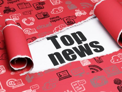 News concept: black text Top News under the curled piece of Red torn paper with  Hand Drawn News Icons, 3D rendering