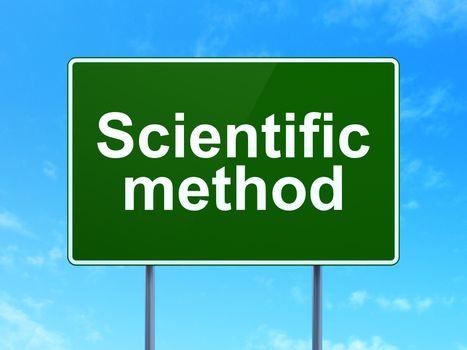 Science concept: Scientific Method on green road highway sign, clear blue sky background, 3D rendering