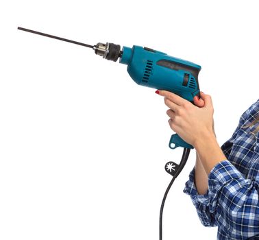 Woman holds a drill, isolated on a white background