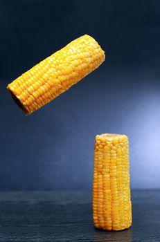 Cooking concept. Corn cob flying against nice dark background