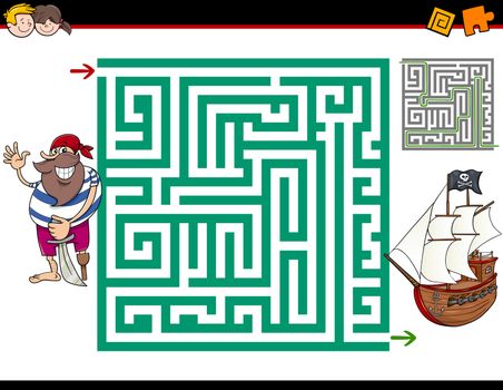 Cartoon Illustration of Education Maze or Labyrinth Activity Task for Children with Pirate and Ship