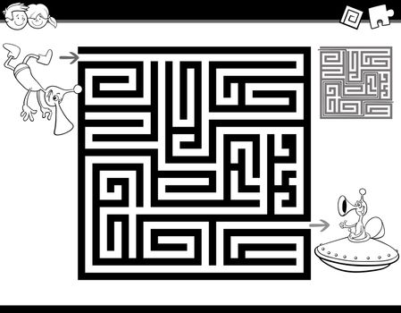 Black and White Cartoon Illustration of Education Maze or Labyrinth Activity Task for Children with Funny Alien Characters for Coloring