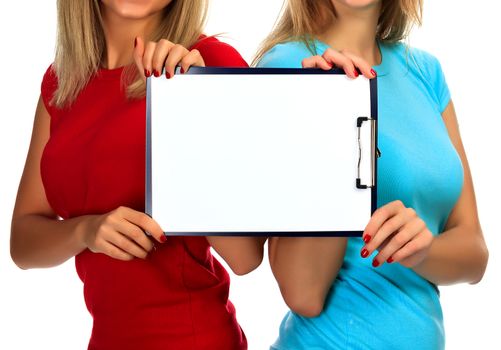 Girls hold a clipboard with a space for your information, isolated on a white background