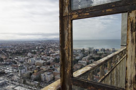 View of Italian city reflected on the mirror