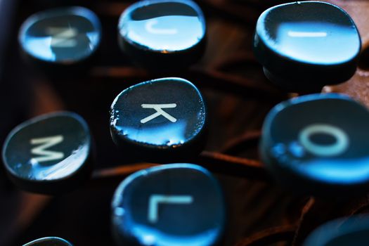 Typewriter Keys Close Up. Keyboard Detail of a Vintage Rusty Typewriter. Typewriter Buttons. Selective Focus and Shallow Depth of Field.