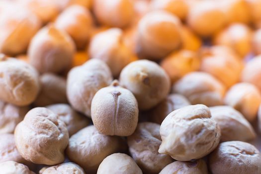 Chickpeas Close Up. Pile of Organic Uncooked Chickpeas. Gold Chickpeas Background. Healthy Vegan Food Hummus With Chickpeas. Selective Focus and Shallow Depth of Field.