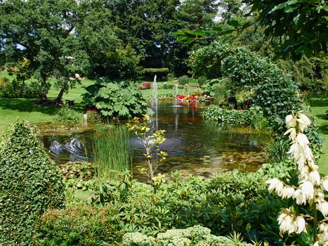 Ornamental pond and water fountain in a beautiful creative lush green blooming garden