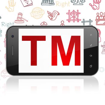 Law concept: Smartphone with  red Trademark icon on display,  Hand Drawn Law Icons background, 3D rendering