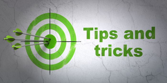 Success Education concept: arrows hitting the center of target, Green Tips And Tricks on wall background, 3D rendering