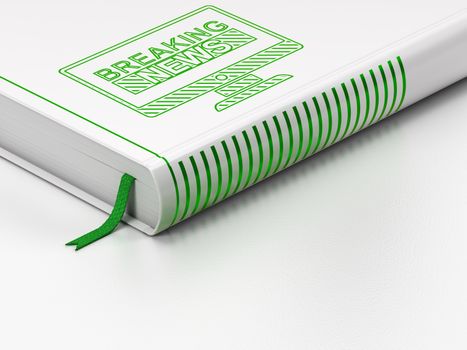 News concept: closed book with Green Breaking News On Screen icon on floor, white background, 3D rendering