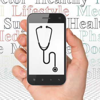 Health concept: Hand Holding Smartphone with  black Stethoscope icon on display,  Tag Cloud background, 3D rendering