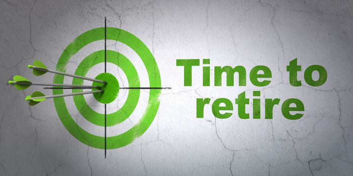 Success time concept: arrows hitting the center of target, Green Time To Retire on wall background, 3D rendering