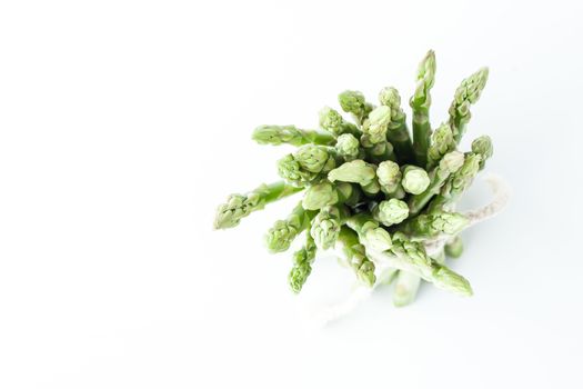 Bundle of asparagus on the white background top view