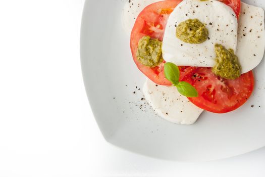 Caprese salad on the white square plate top view
