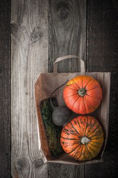 Pumpkins , turnip and greens inside a paper bag