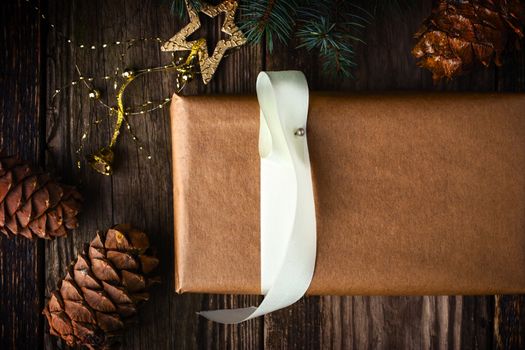 Homemade gift with Christmas fir tree and  cone horizontal