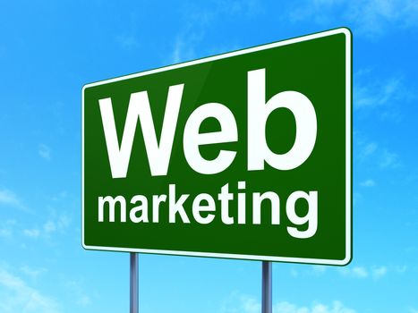 Web development concept: Web Marketing on green road highway sign, clear blue sky background, 3D rendering
