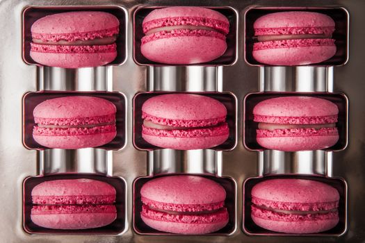 Macaroon raspberry in a box of foil horizontal