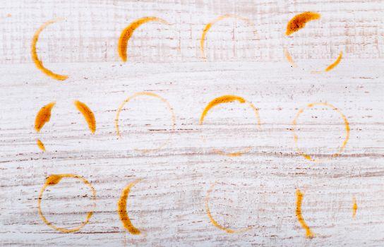 Prints cup of coffee on the wooden table horizontal