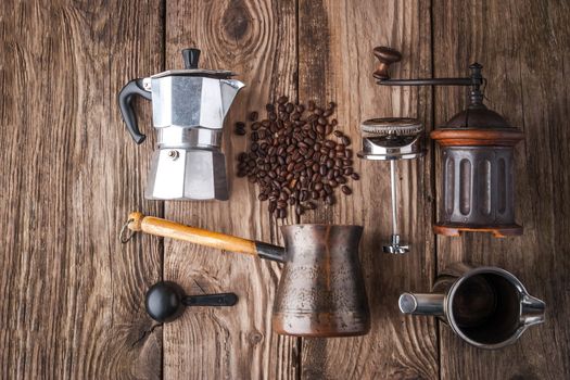 Accessories for coffee on the wooden table horizontal, super still life