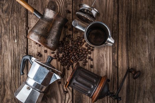 Accessories for coffee on the wooden table horizontal