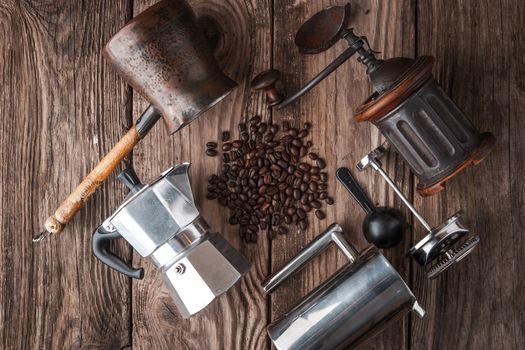 Accessories for coffee on the wooden table horizontal