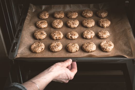 Woman posing with cookies baking in the oven horizontal