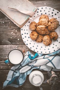 Book, oatmeal cookies and a cup of milk on old boards vertical