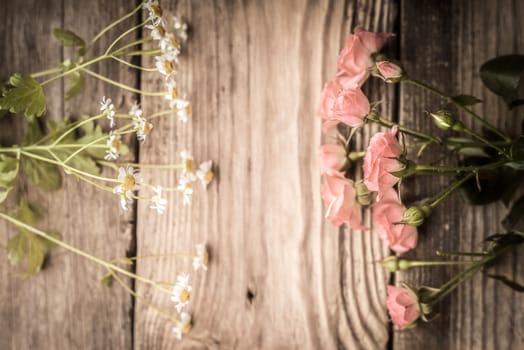 Roses and daisies on a wooden table horizontal