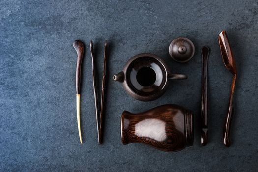 Set for tea ceremony on a blue stone table horizontal