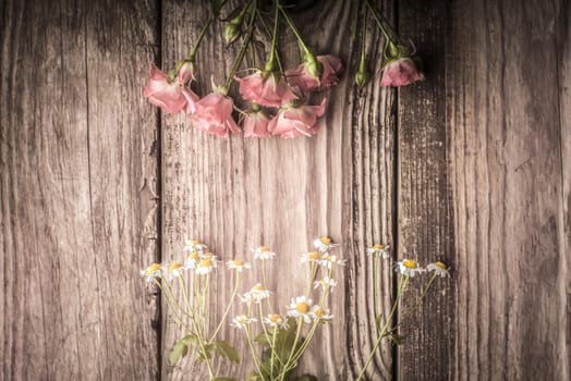 Roses and daisies on a wooden table horizontal