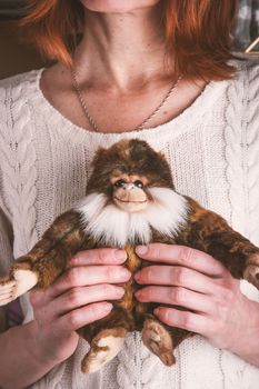 Monkey toy in the woman hands