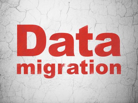 Information concept: Red Data Migration on textured concrete wall background