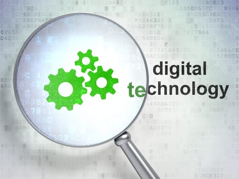 Data concept: magnifying optical glass with Gears icon and Digital Technology word on digital background, 3D rendering