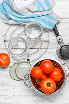Tomato,spices and cooking utensils for pickling vegetables