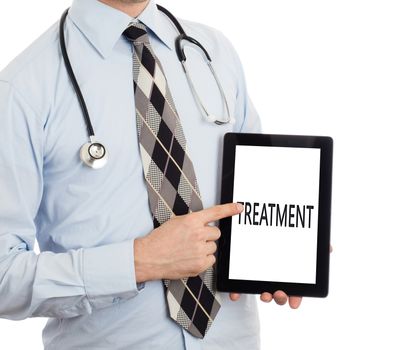 Doctor, isolated on white backgroun,  holding digital tablet - Treatment plan