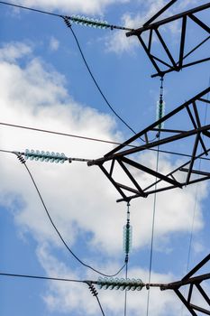 high voltage electric pole on the background of sky